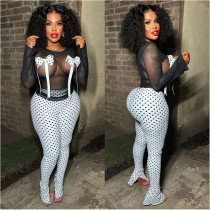 Mesh bow printed slit pants two-piece set