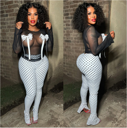 Mesh bow printed slit pants two-piece set