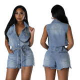 High stretch short sleeved loose denim jumpsuit