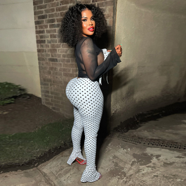 Mesh bow printed slit pants two-piece set