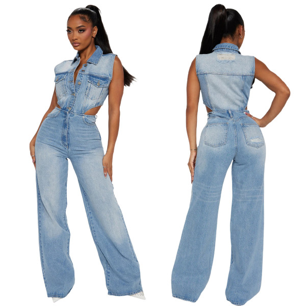 Elastic wash denim jumpsuit