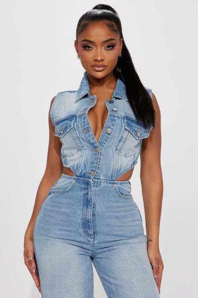 Elastic wash denim jumpsuit