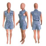 High stretch short sleeved loose denim jumpsuit