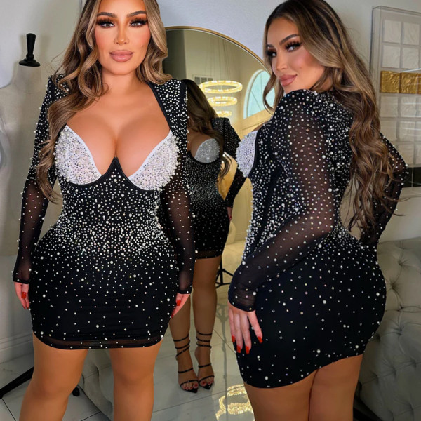 Women's solid color mesh rhinestone long sleeved short skirt dress