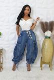 Drawstring, tie, tie, bow, loose straight leg jeans