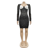 Women's solid color mesh rhinestone long sleeved short skirt dress