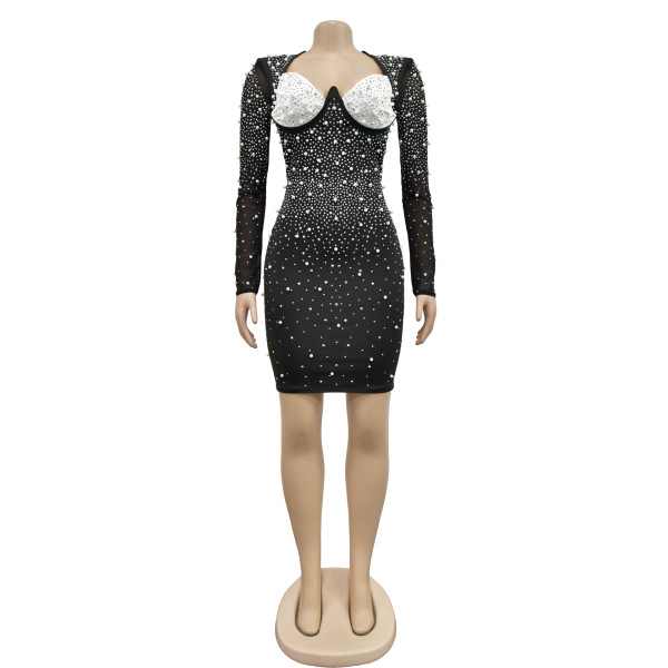 Women's solid color mesh rhinestone long sleeved short skirt dress