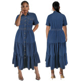 Collar button long pocket short sleeved long dress
