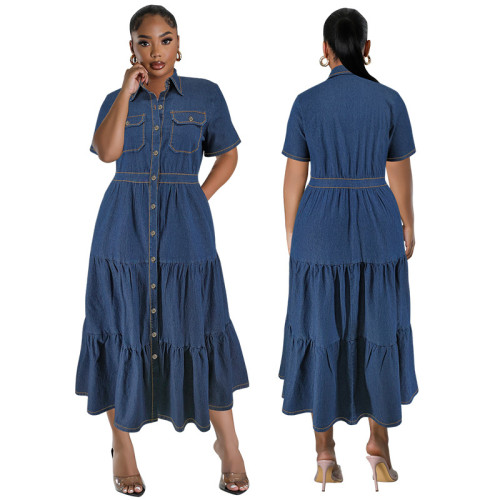 Collar button long pocket short sleeved long dress