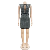 Women's Solid Color Mesh Hot Diamond Sleeveless Short Skirt Dress