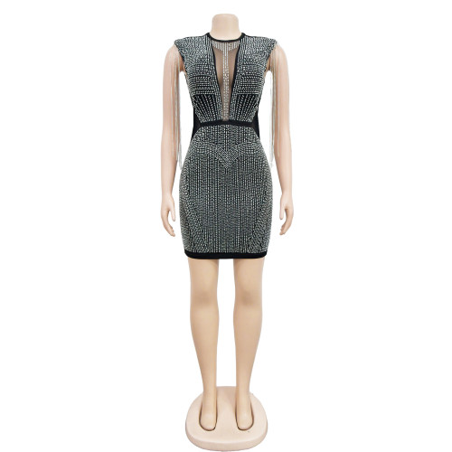 Women's Solid Color Mesh Hot Diamond Sleeveless Short Skirt Dress