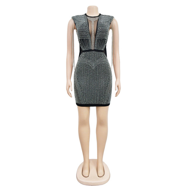 Women's Solid Color Mesh Hot Diamond Sleeveless Short Skirt Dress