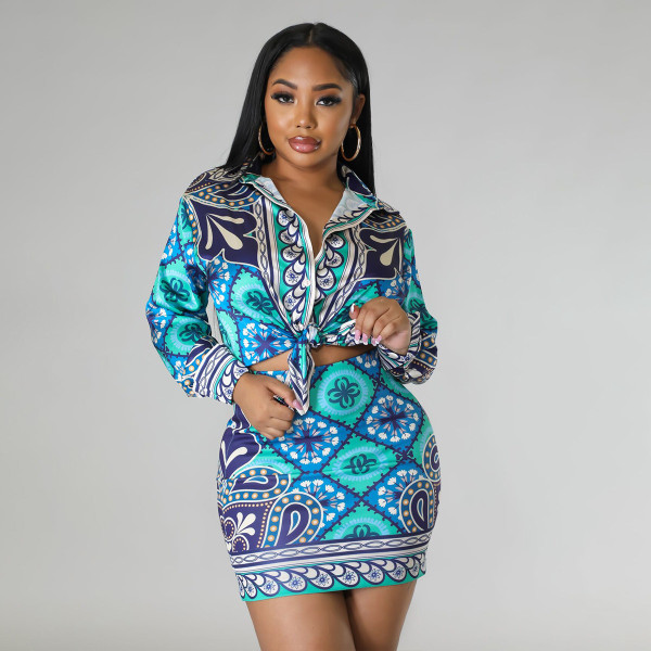 Printed shirt long sleeved hip hugging skirt two-piece set