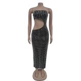 Women's rhinestone split dress, long skirt