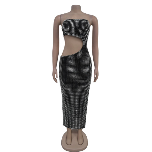 Women's rhinestone split dress, long skirt
