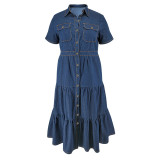 Collar button long pocket short sleeved long dress