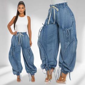 Drawstring, tie, tie, bow, loose straight leg jeans