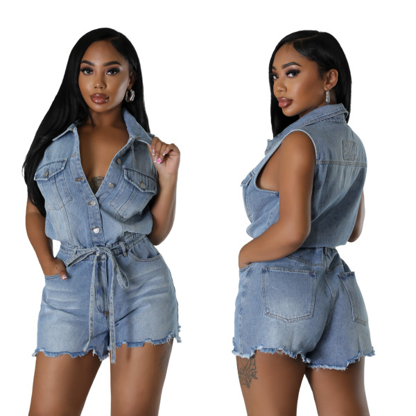 High stretch short sleeved loose denim jumpsuit