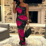 Printed off shoulder sleeveless dress with head and hips wrapped