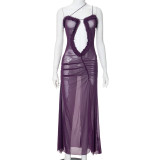 Sleeveless camisole hollow pleated lace mesh long dress