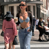 Cowboy mesh splicing perspective backless short top