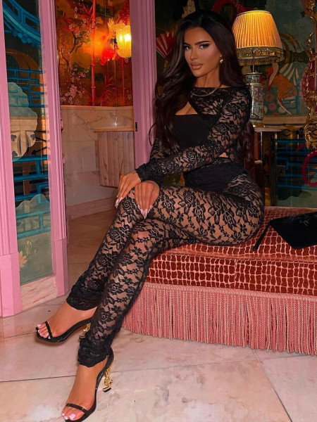 Lace pattern hollowed out round neck see through tight fitting jumpsuit