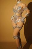 Diamond studded long sleeved mesh tight jumpsuit