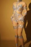 Diamond studded long sleeved mesh tight jumpsuit