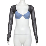 Cowboy mesh splicing perspective backless short top