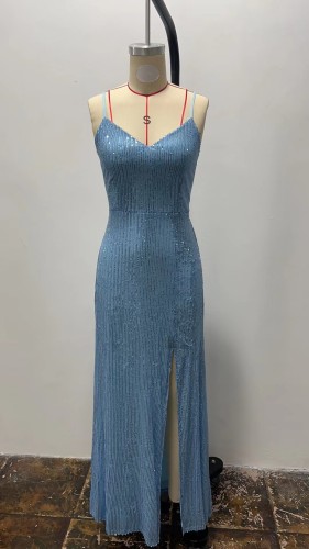 Slanted shoulder slit sequin dress