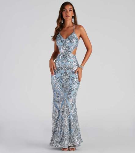 V-neck sequined evening gown dress