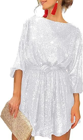 Sequin round neck long sleeved loose bead dress