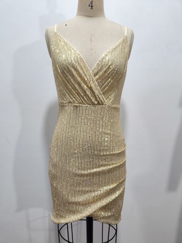 Sequin suspender deep V-wrap dress