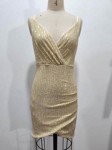 Sequin suspender deep V-wrap dress