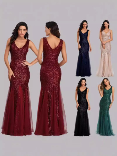Sequined fish tail slim evening gown