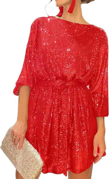 Sequin round neck long sleeved loose bead dress