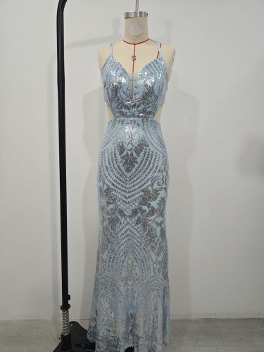V-neck sequined evening gown dress