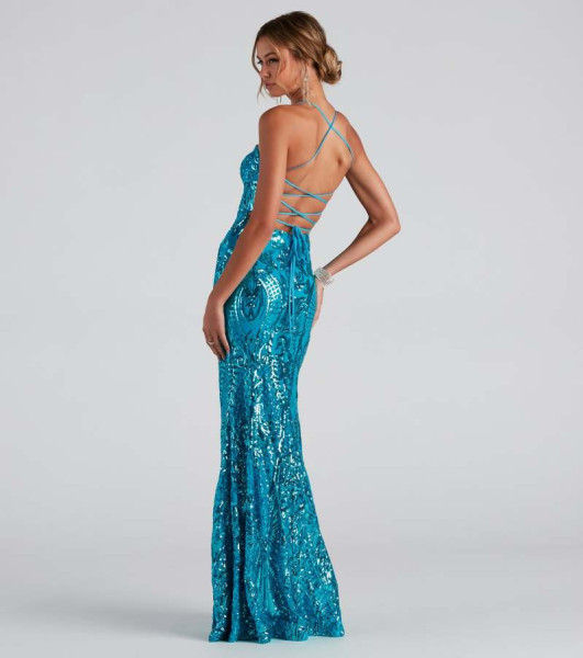 One neck sequin high slit long dress