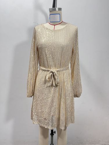 Sequin round neck long sleeved loose bead dress