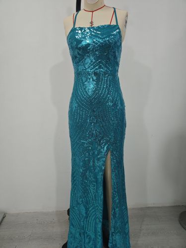 One neck sequin high slit long dress