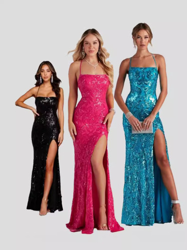 One neck sequin high slit long dress