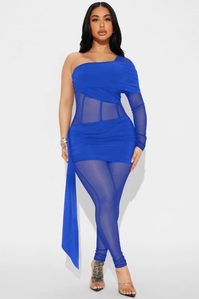Single shoulder long sleeved milk silk splicing jumpsuit