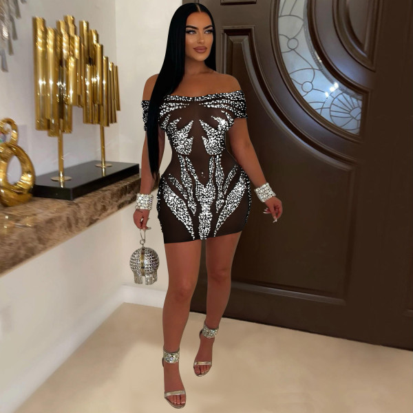 Women's hot stamping diamond perspective jumpsuit short skirt