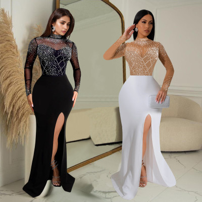 Women's hot stamping diamond slit long dress