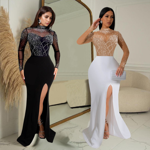 Women's hot stamping diamond slit long dress
