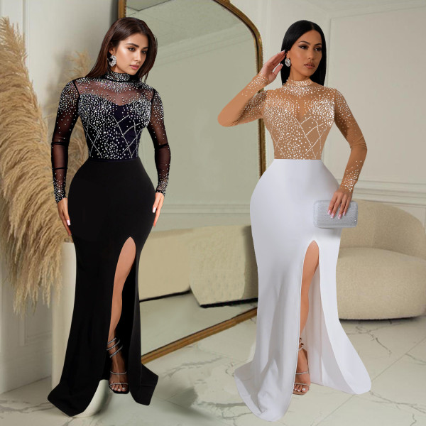 Women's hot stamping diamond slit long dress