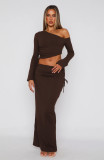 Solid color slanted shoulder drawstring long sleeved dress set
