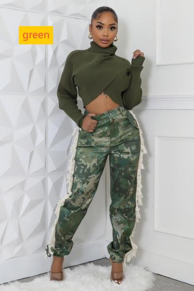 Printed fringe high waisted fringe pocket pants