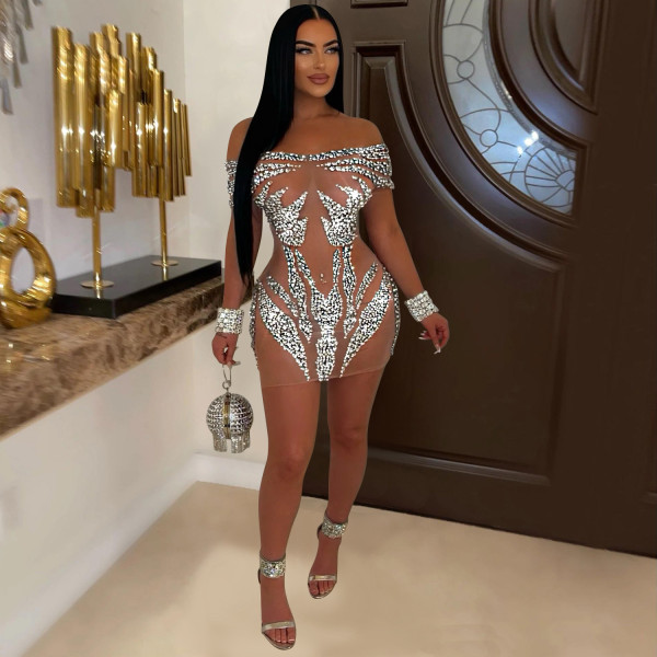 Women's hot stamping diamond perspective jumpsuit short skirt