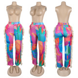 Printed fringe high waisted fringe pocket pants